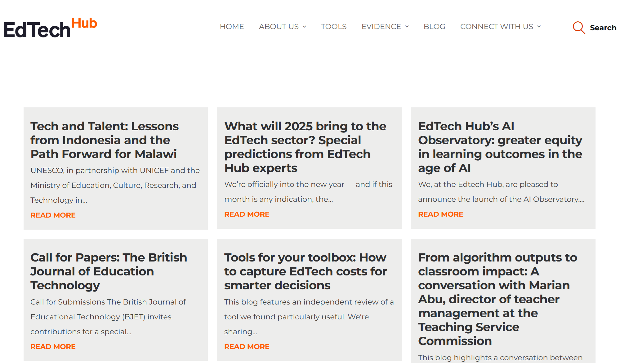 Screenshot from EdTech Hub displaying recent articles.