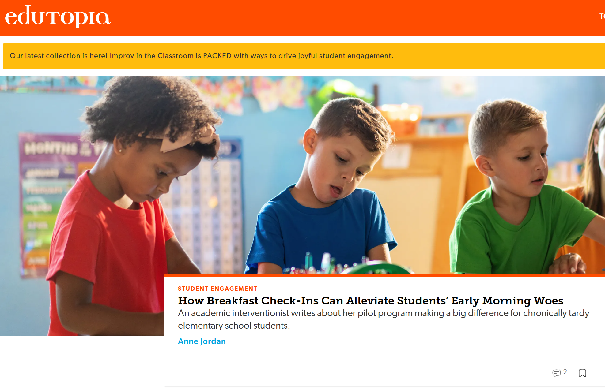 Edutopia website displaying recent post