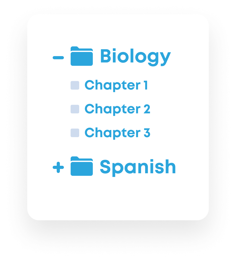 Folder structure showing Biology and Spanish as top level, with Chapters 1-3 underneath Biology, demonstrating file structure of courses.