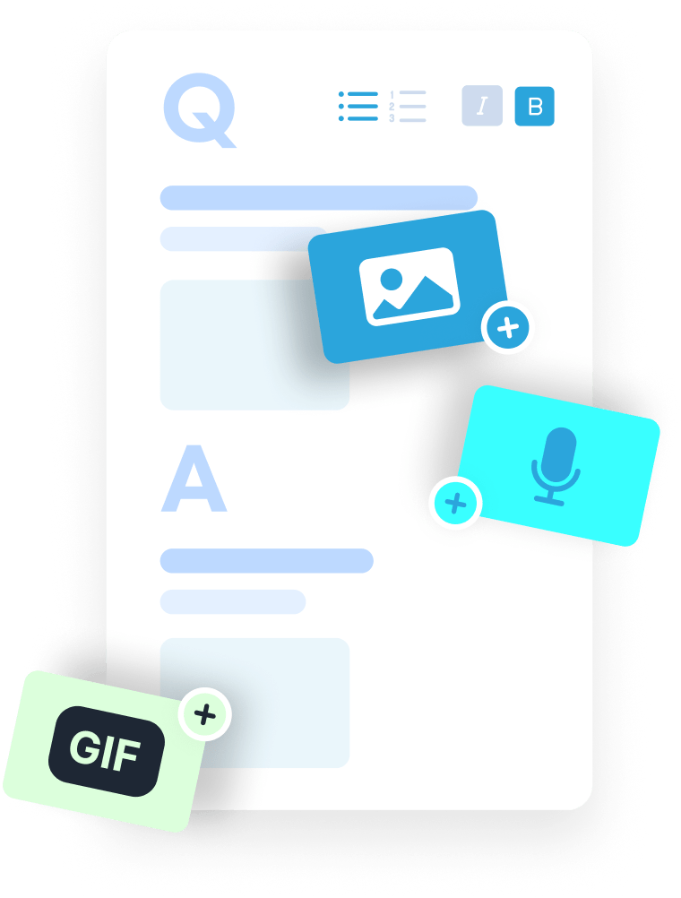 Flashcard divided into Question and Answer section, with image and audio customization options highlighted on the image.