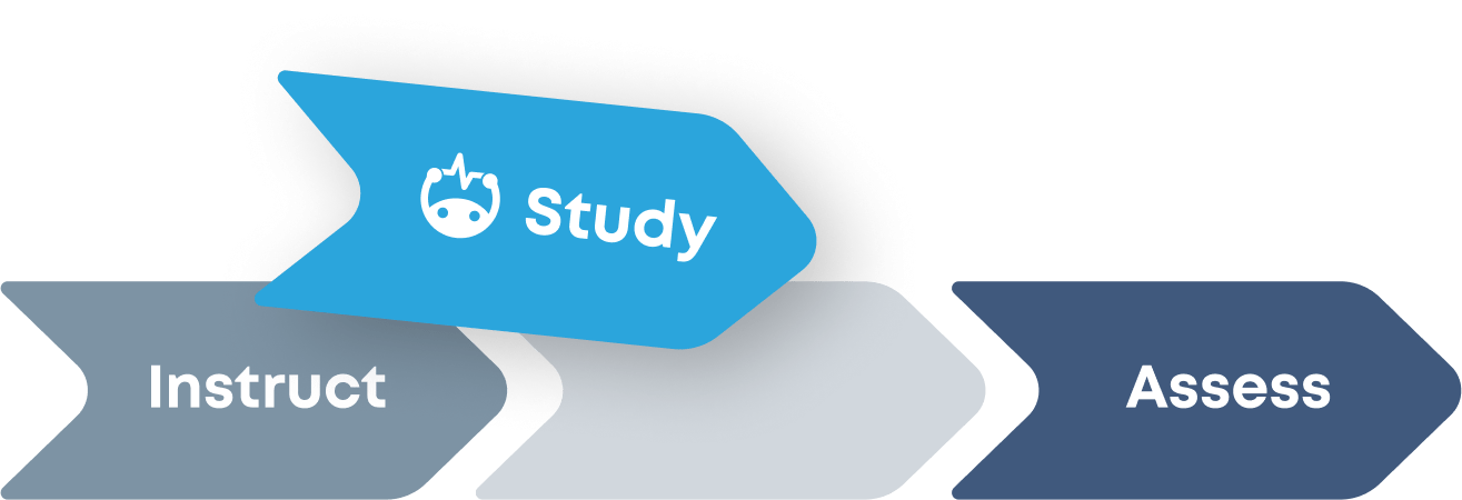 Three chevron arrows with 'Instruct, Study and Assess' indicated on them with the middle arrow 'Study' and a the Brainscape logo falling into the place for one cotinuous image.
