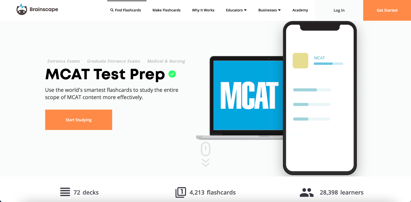 Brainscape's MCAT Test Prep flashcards landing screen