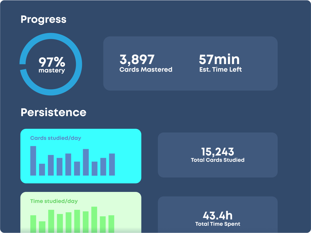 Screen divided into two sections: Progress, which shows card mastery data, and Persistence which shows the cards studied and time spend studying in a few different ways.