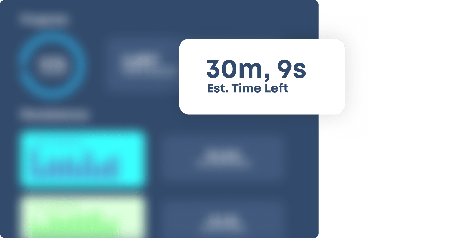 Metrics modal blurred out with a highlighted widget that indicates 30 minutes and 9 seconds with the estimated time left for mastery