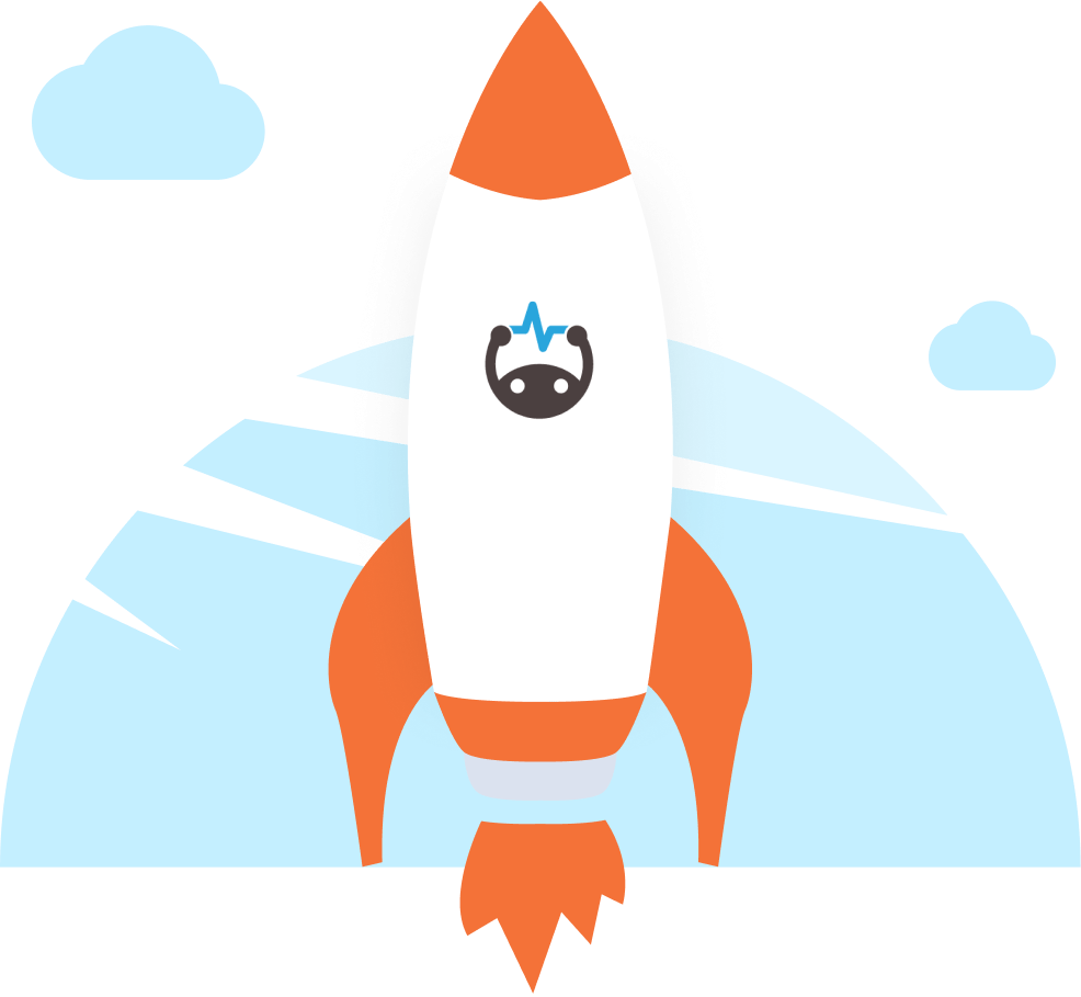 Rocket ship blasting into the clouds with Brainscape logo.