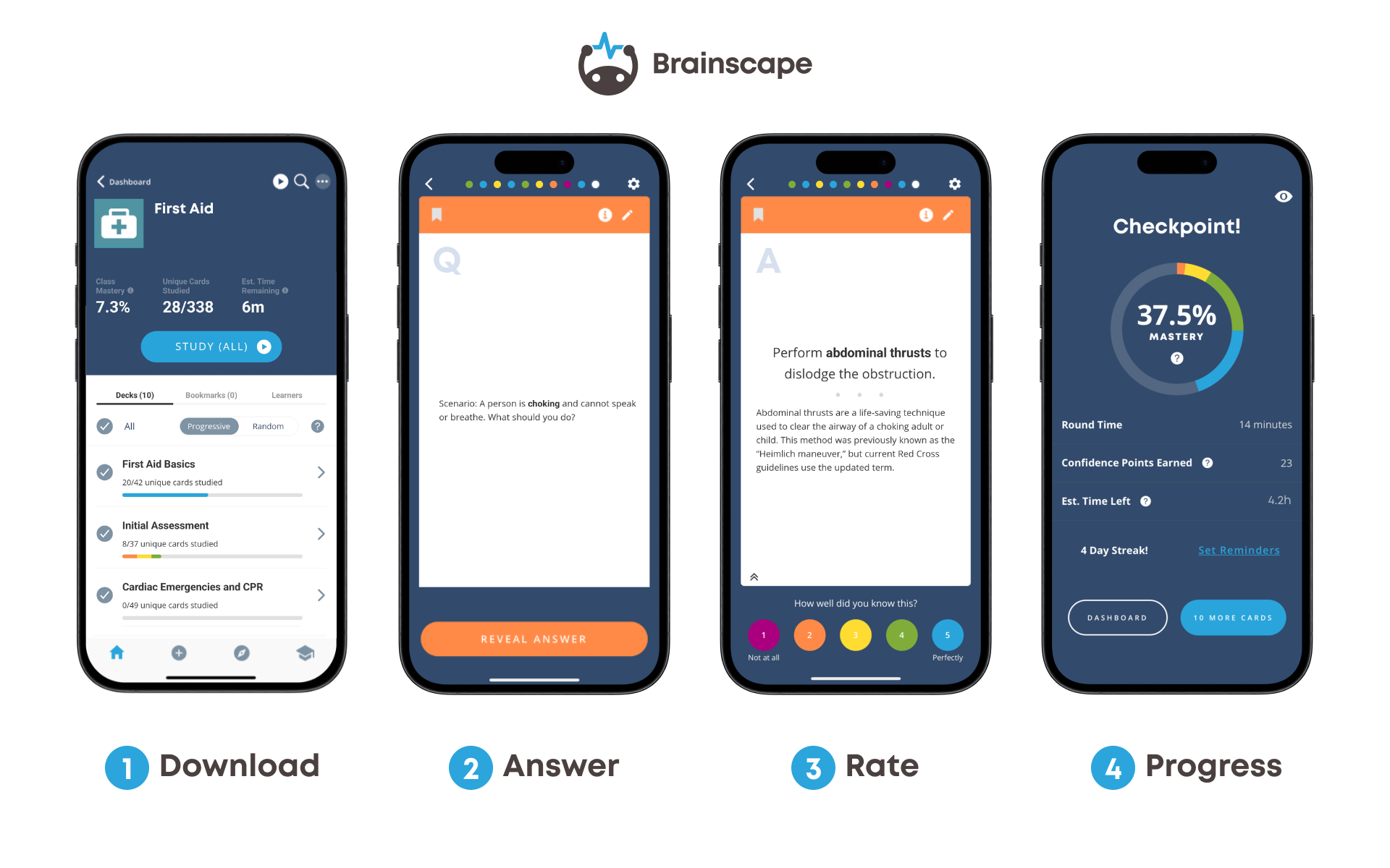 Brainscape's First Aid course dashboard, flashcard question and answer, and progress meter
