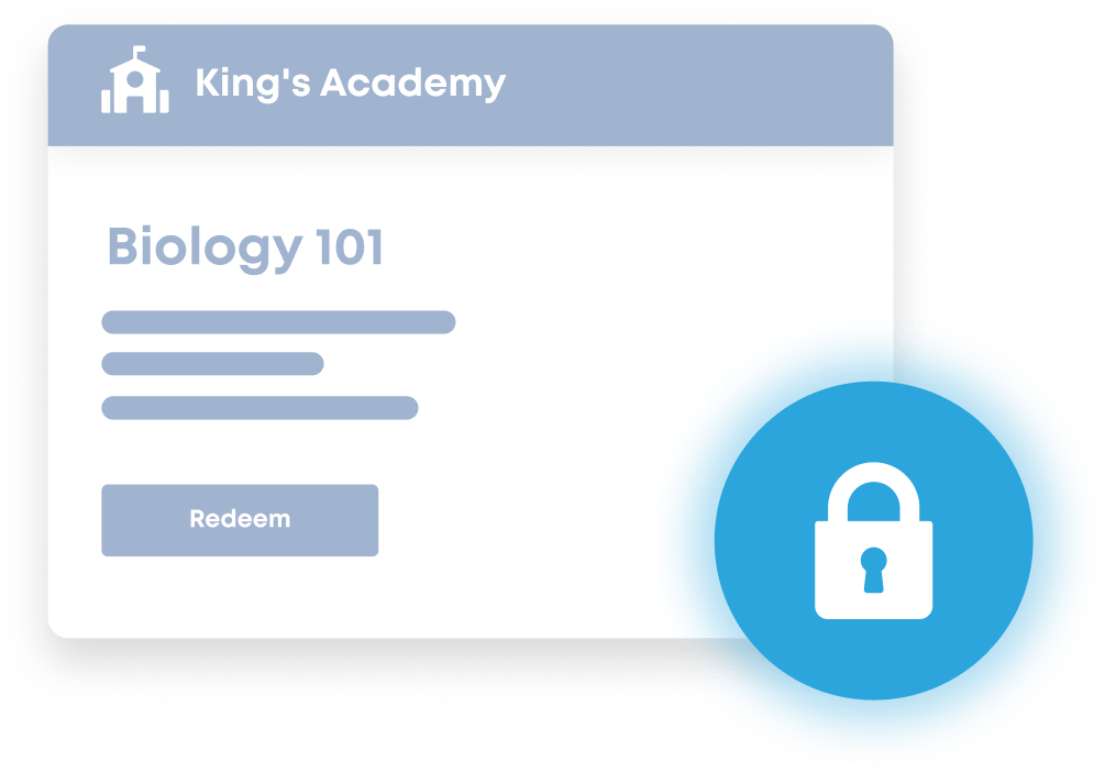 Landing page with the name of the school and the class they have created with all other text made private and a Redeem button at the bottom.  There is a lock icon at bottom of the modal.