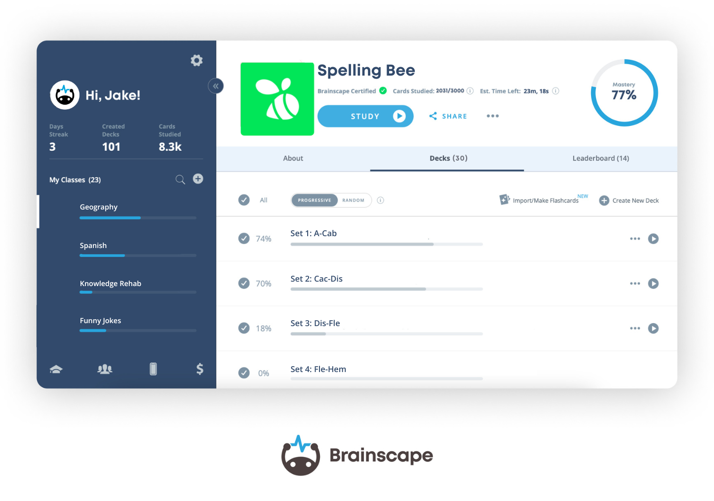 Brainscape's Spelling Bee flashcards web dashboard