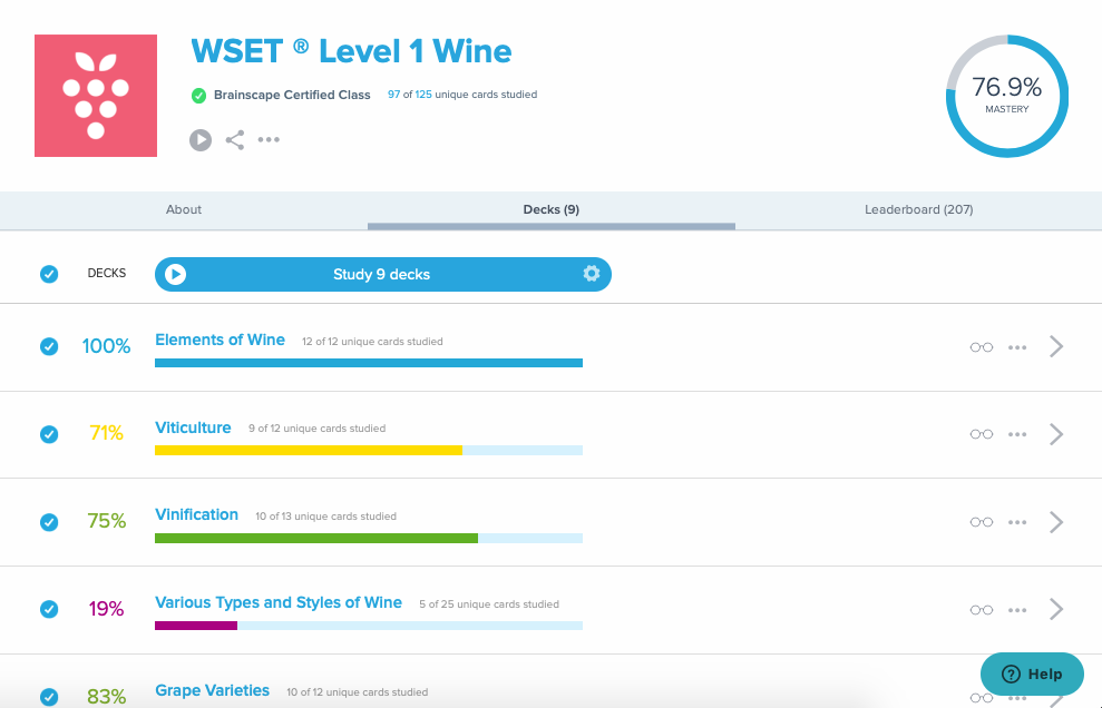 Brainscape's WSET Level 1 Wine Flashcards web dashboard