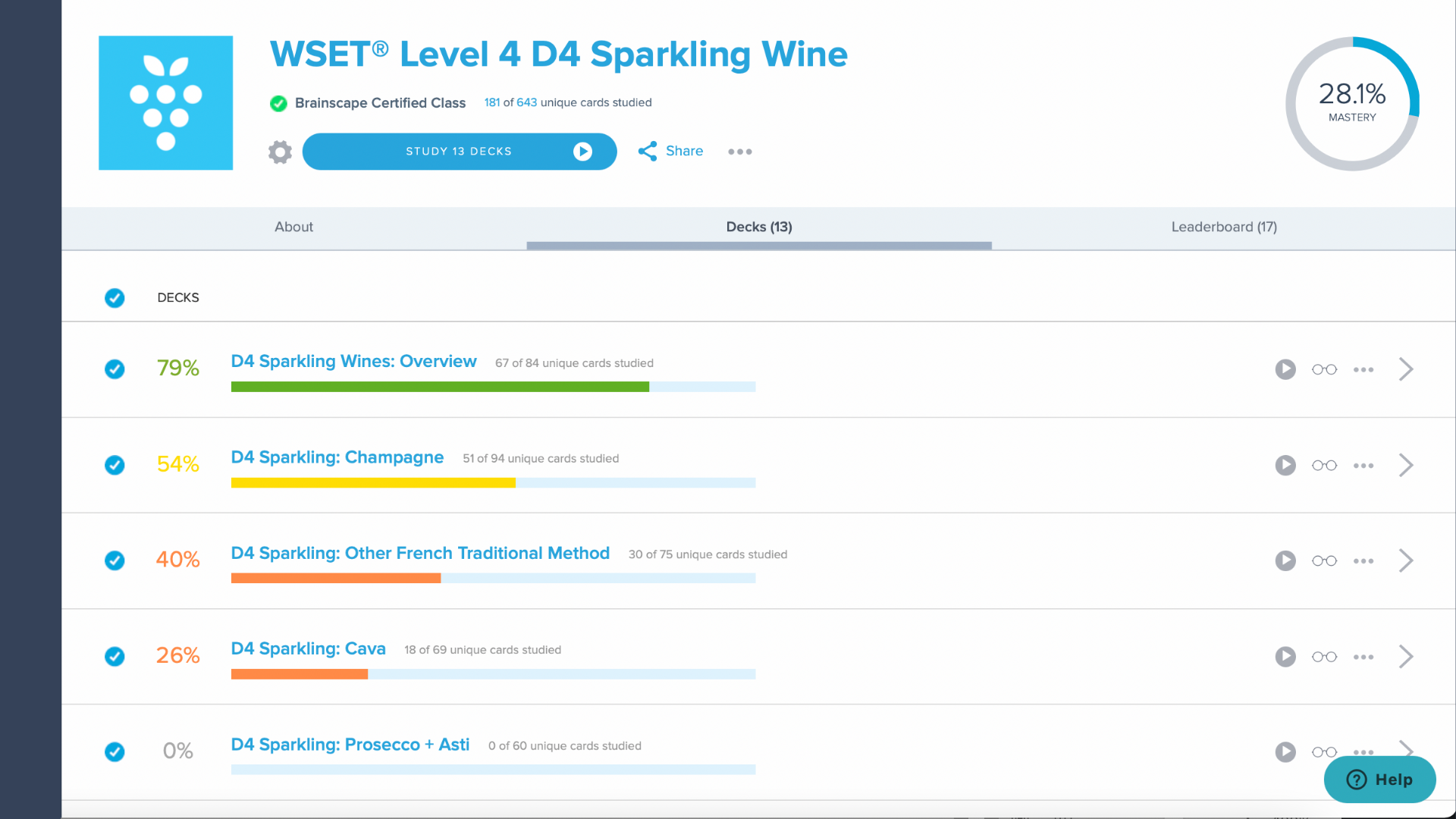 Brainscape WSET 4 D4 flashcards class dashboard
